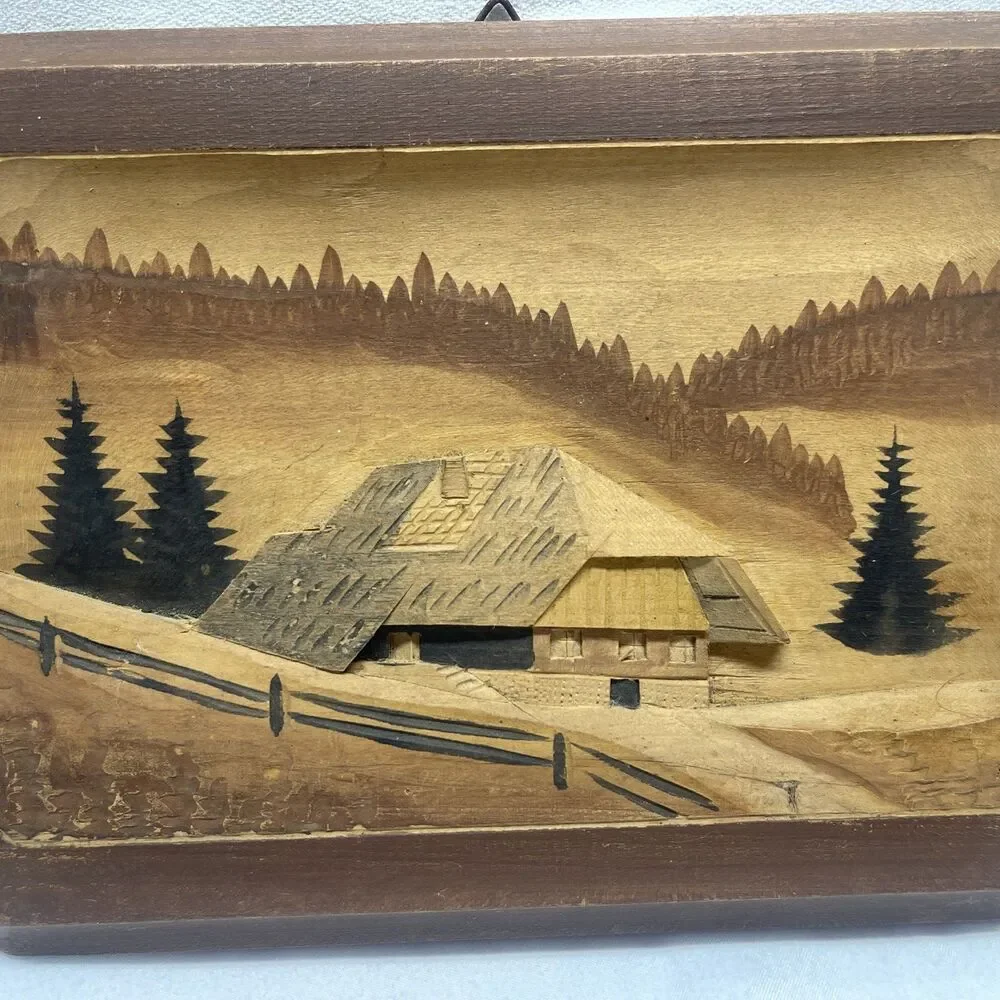 Vintage Germany Black Forest 3D Hand Carved Wood & Painted Wall Hanging 6.5